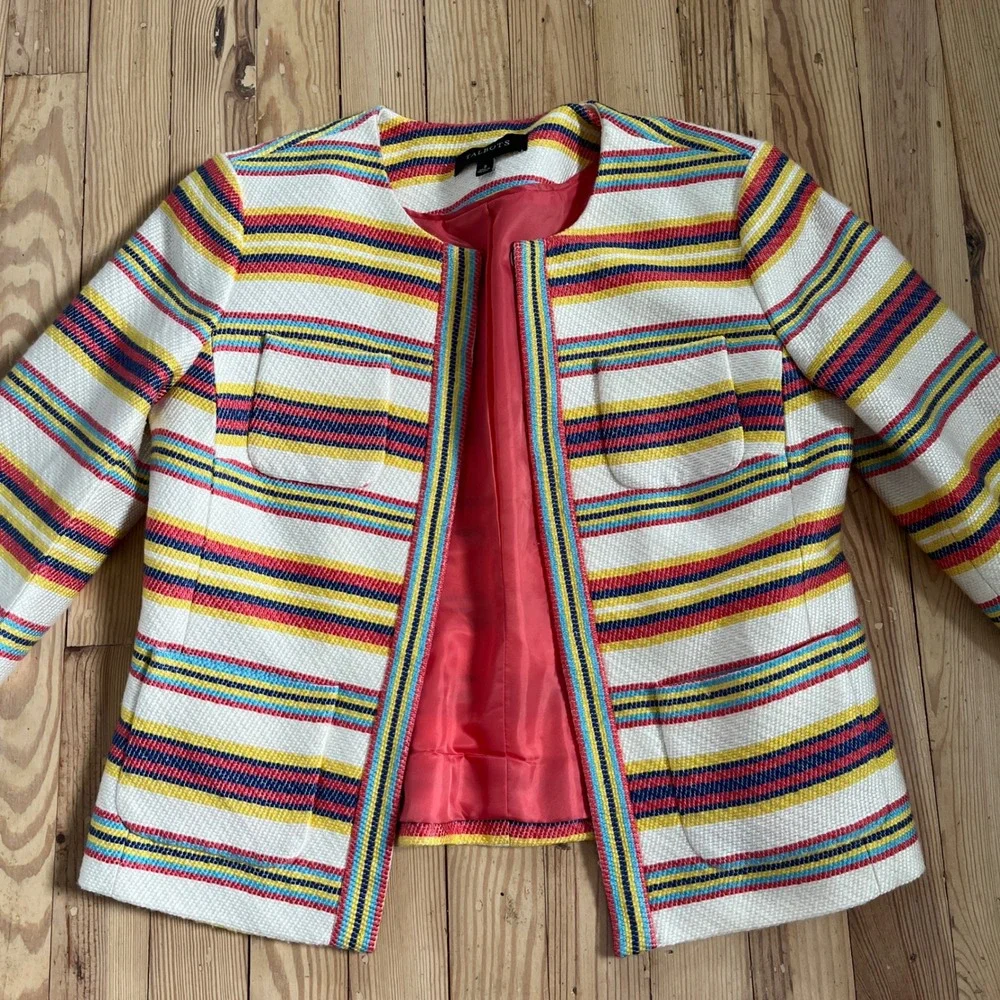 Talbots Women Colorful Striped Blazer Jacket Preppy Business Collarless Size‎ 2